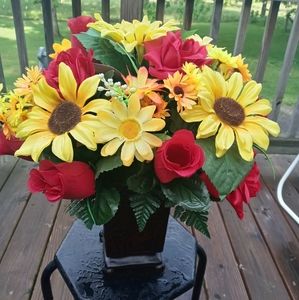 Home Faux flower Vase arrangement/ Roses and sunflowers